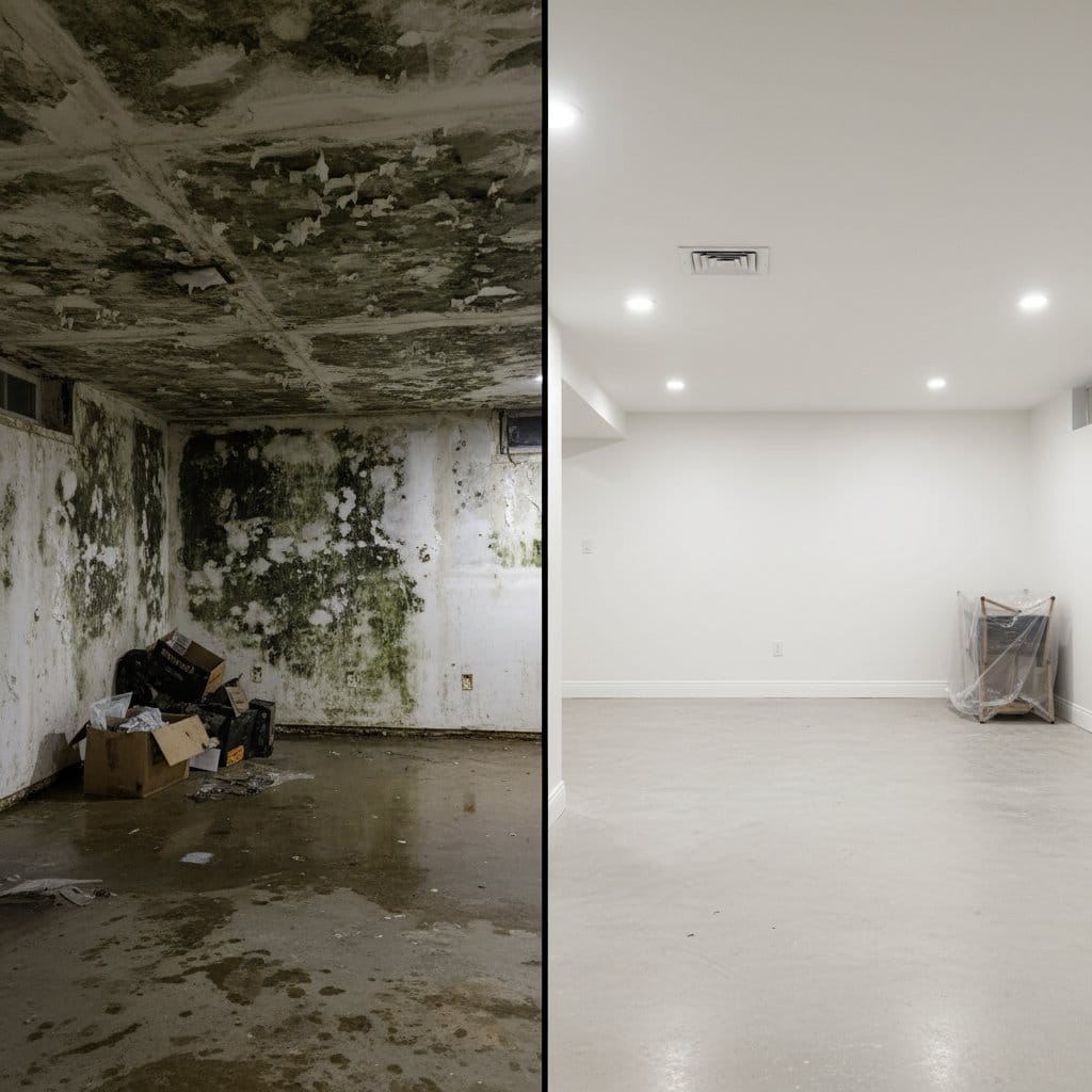 Mold Inspection & Moisture Assessment before and after in residential basement, Hackensack NJ