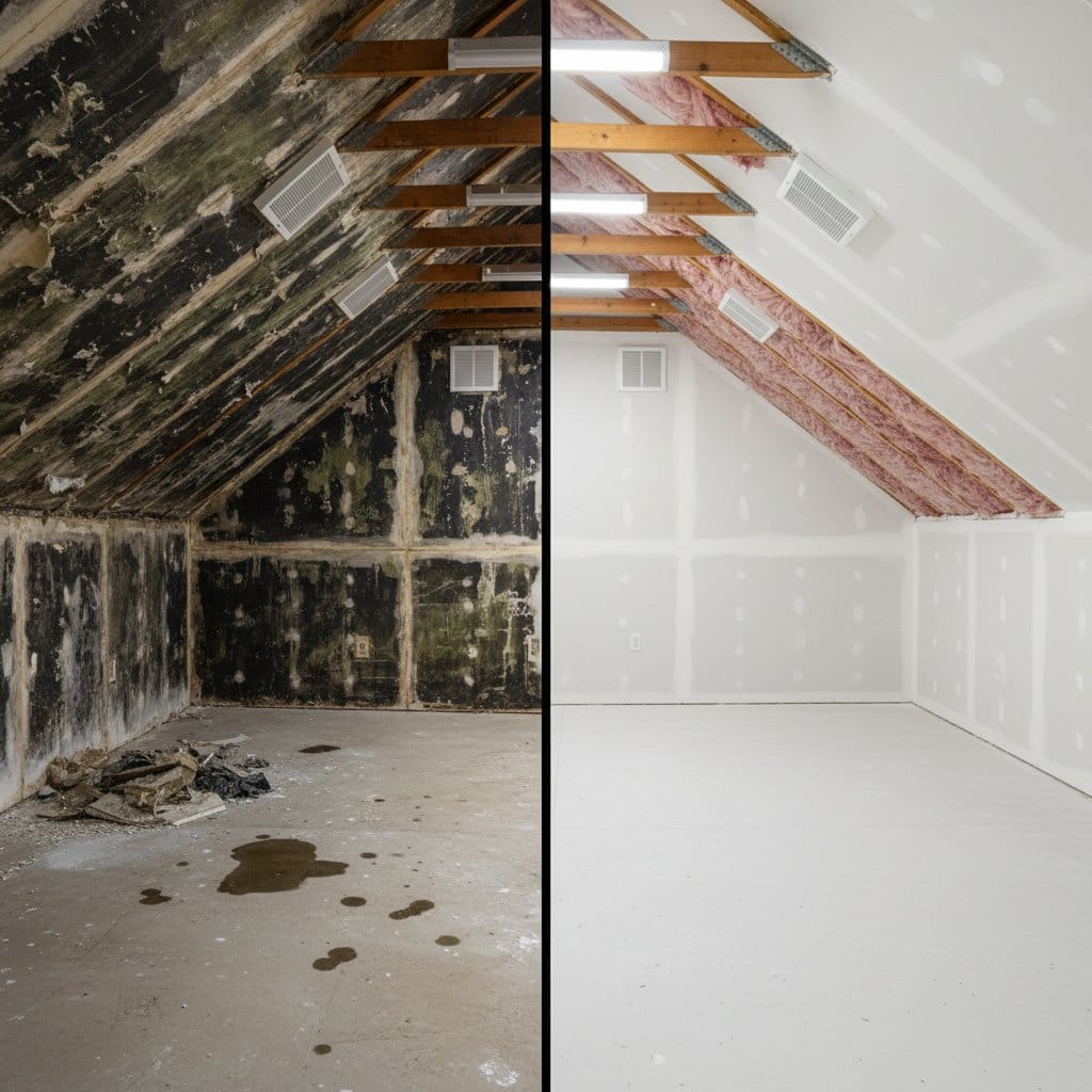 Before and after mold removal & remediation in Hackensack commercial property attic space