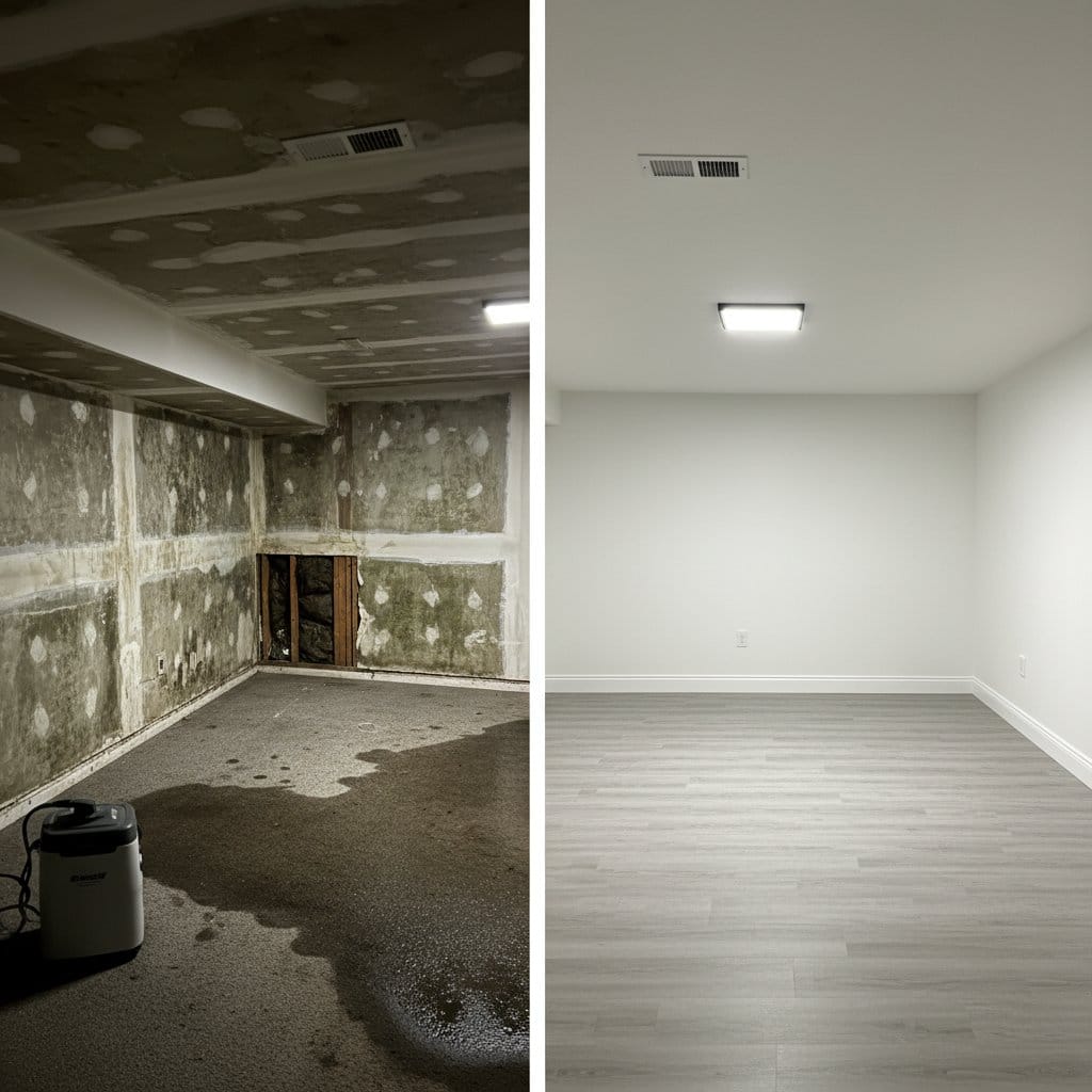 Attic & Crawl Space Mold Removal before and after in finished basement, Hackensack NJ