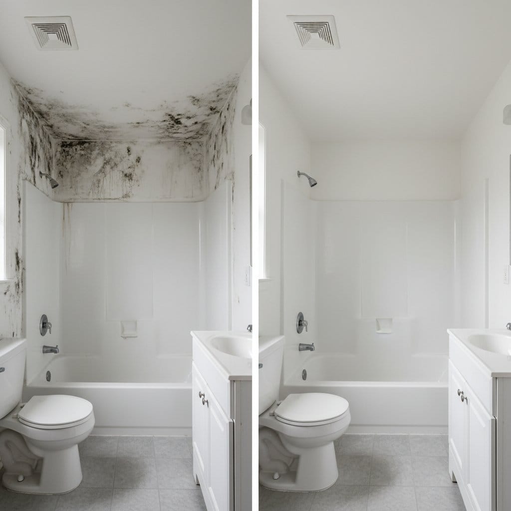 Before and after basement & foundation mold removal in Hackensack private residence bathroom