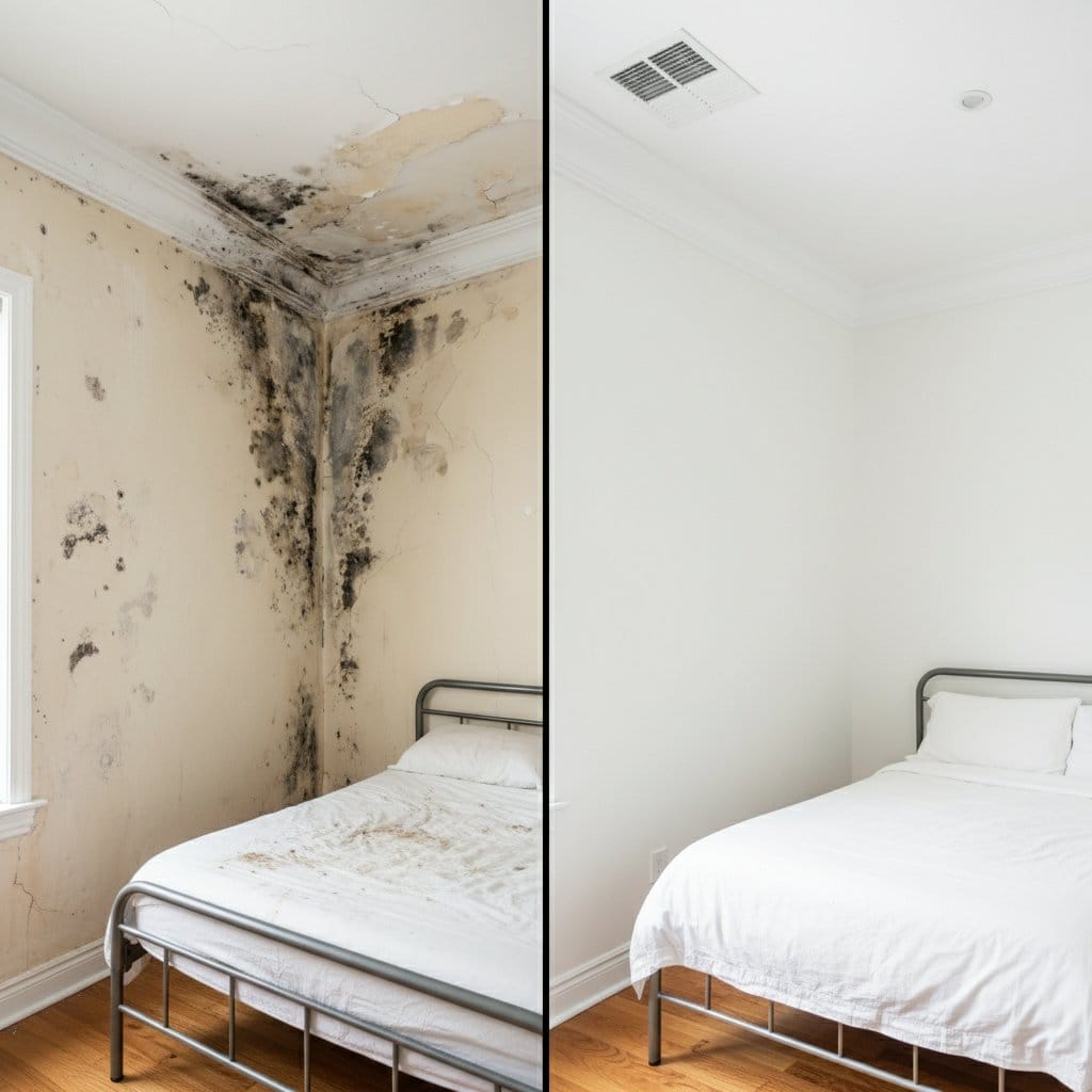 Before and after bathroom & kitchen mold removal in Hackensack bi-level home bedroom