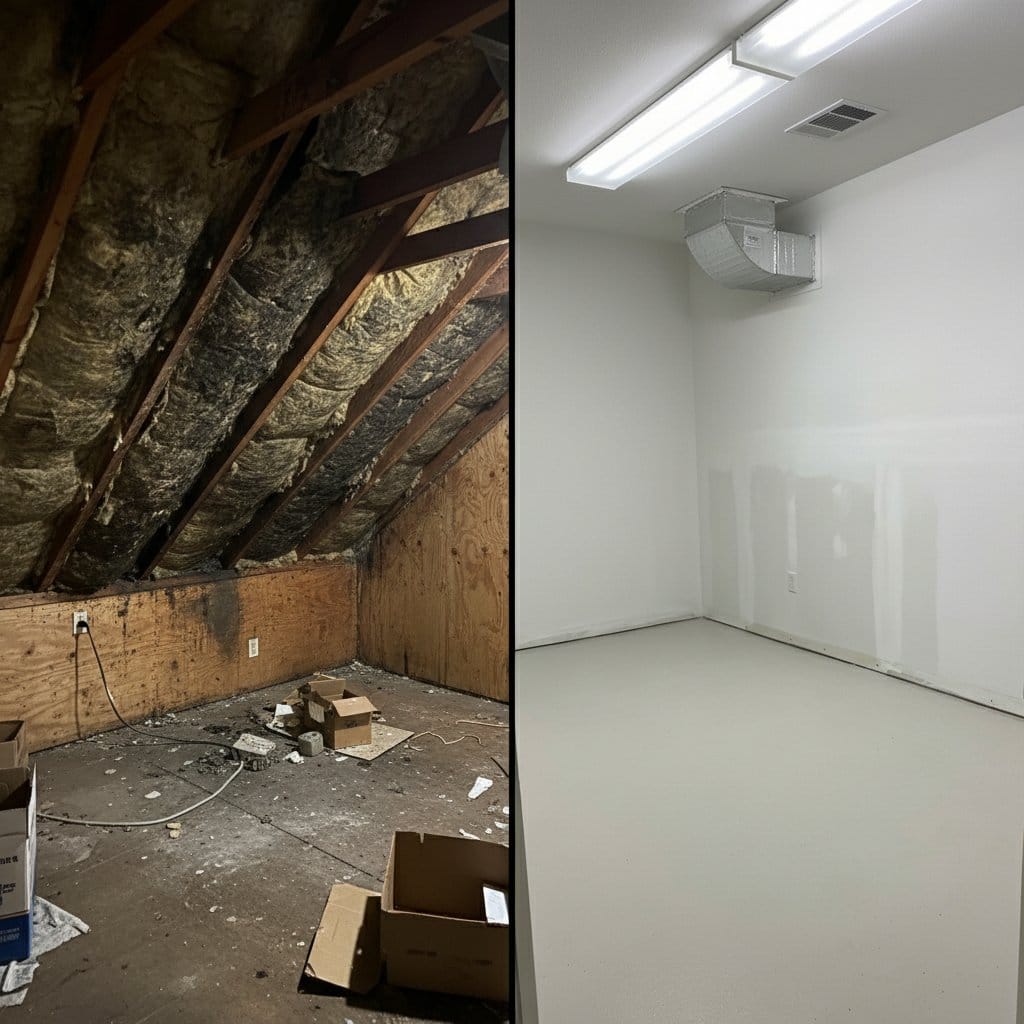 Before and after post-remediation cleaning & clearance in Hackensack single-family home attic space