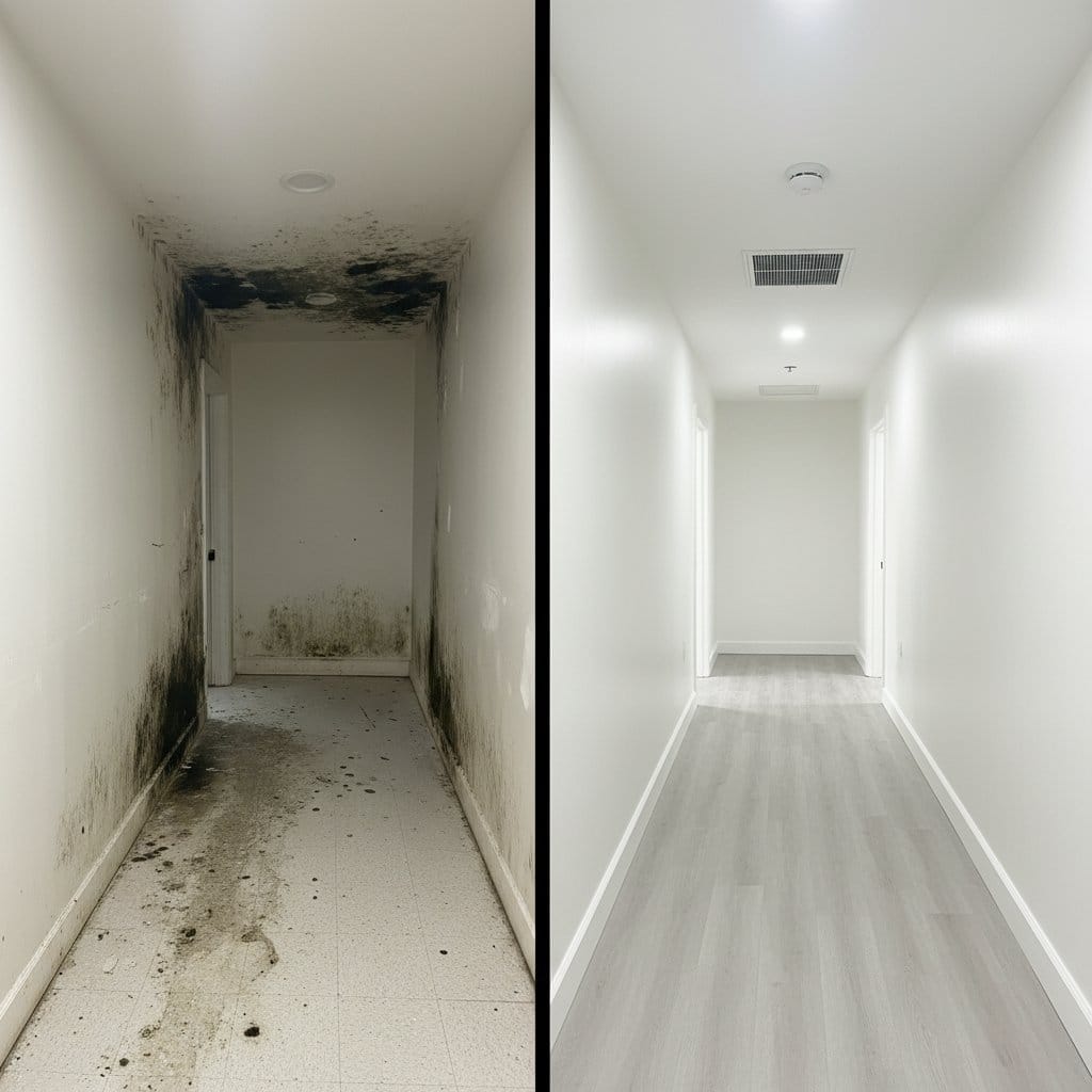 Odor Removal & Disinfection before and after in hallway, Hackensack NJ