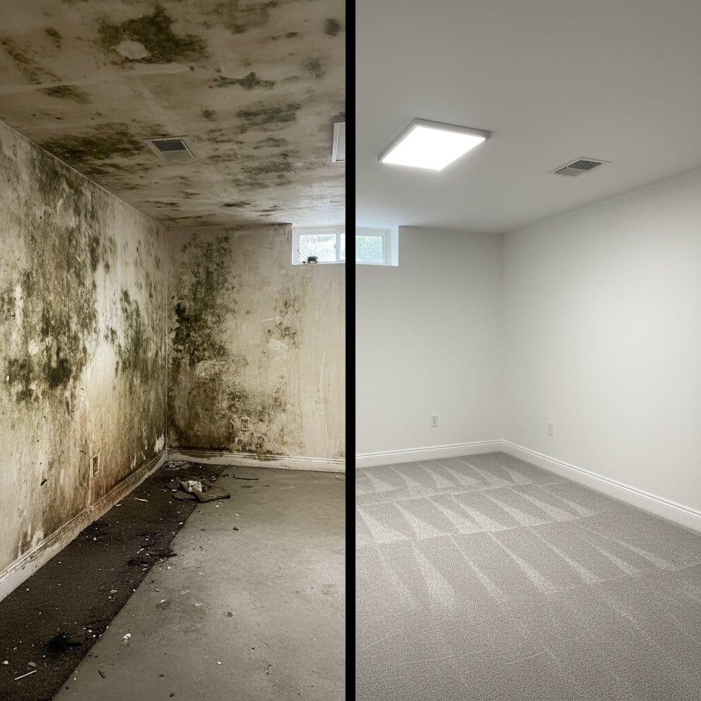 Humidity & Moisture Control Solution before and after in finished basement, Hackensack NJ